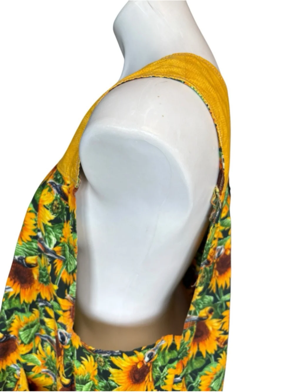 Handmade Sunflower Bird Print Smock Apron Pinafore Open Back Pockets Vintage